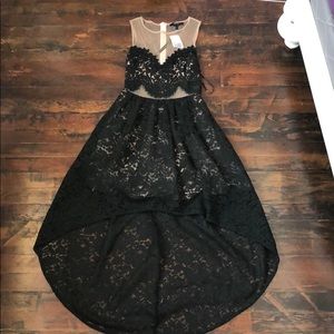 Nude mesh black laces high low dress